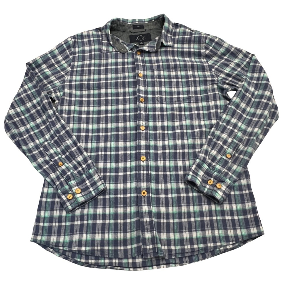 Even Tide Plaid Button Up‎ Mens Medium Blue Green Slim Fit Long Sleeve